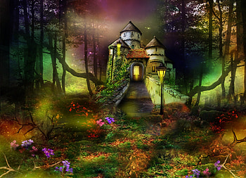 ✰ELEGANT AT NIGHT✰, night, Stock , colors, spledor, trees, elegance, adorable, castle, woods, magnificent, forests, grass, rocks, leaves, Backgrounds, pretty, light, lantern, lovely, wilds, colorful, lamp, Nature, dusk, Fantasy, quiet, Resources, Premade, beautiful, elegant, ivy, vine, cool, flowers, splendor, electric post, evening HD wallpaper