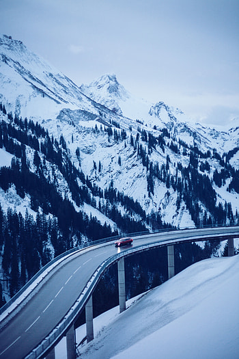 Mountains, Snow, Miscellanea, Miscellaneous, Road, Car, Machine, Bridge HD phone wallpaper