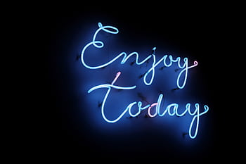 Bright blue neon sign with the phrase 'Enjoy Today' on a dark background, creating a vibrant and uplifting atmosphere. HD wallpaper