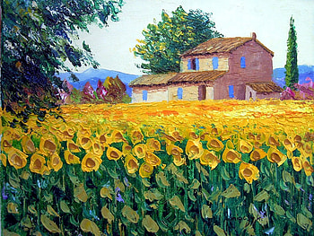 Jean-Marc_Janiaczyk french landscape painting, painting, art, field, flower, house, jean-marc-janiaczyk, tree HD wallpaper