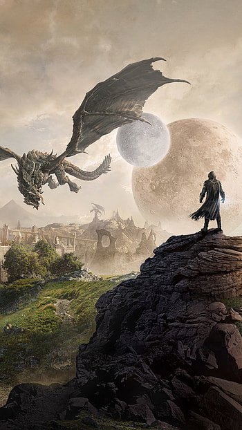 Elder Scrolls Online: Dragon’s Lunar Vigil, planet, moon, dragon, The Elder Scrolls, video game HD phone wallpaper