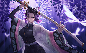 Fantasy girl, blue, citemer liu, luminso, sword, girl, wisteria, pink, fantasy, flower HD wallpaper