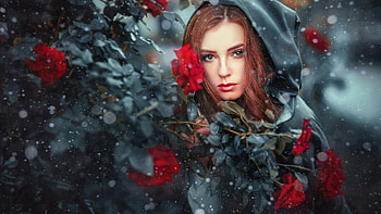 Belle, winter, model, black, girl, woman, rose, marketa novak, iarna, flower, red, hood, trandafir, redhead, princess HD wallpaper