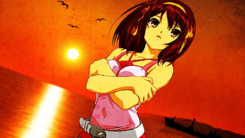 haruhi Suzumiya, paradise, seagull, hammock, britney spears HD wallpaper