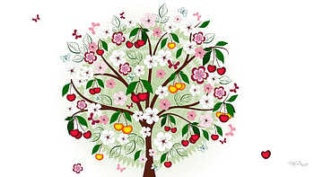 Cherry Tree, colorful, Vector, design, art, cherries, spring, tree, summer, butterflies, abstract, fruit, flowers, fragrant HD wallpaper