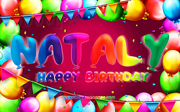 Happy Birtay Nataly, , colorful balloon frame, Nataly name, purple background, Nataly Happy Birtay, Nataly Birtay, popular american female names, Birtay concept, Nataly HD wallpaper