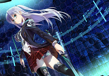 Lovely Girl, blue, black, uniform, long hair, beauty, lady, glasses, female, sexy, skirt, sword, jacket, girl, beautiful, woman, purple, anime, red, katana HD wallpaper