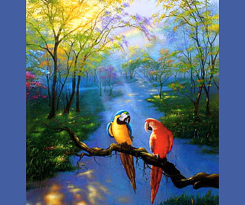 Tropical home, parrots, green, trees, colors, tropical forest, flowers HD wallpaper