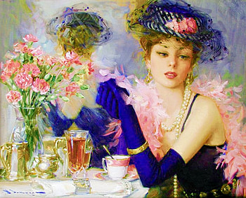 Dinner Date, colorful, razumov, art, girl, gloves, beautiful, konstantin, woman, elegant, lady, digital, painting, fantasy, pretty, flowers, hat HD wallpaper