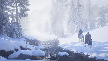 Red Dead Redemption 2 - Hunting with Charles, river, horse, cowboy, Arthur Morgan, winter, video game, Red Dead Redemption 2 HD wallpaper