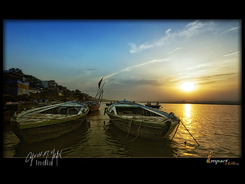 impact_sunrise_at_Ganges, blue, boat, sunsets, beach, rock, clouds, nature, sky, water HD wallpaper