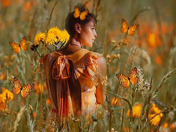 Delicate Orange, orange, wild, colorful, wild flowers, vibrant, girl, butterflies, vivid, green, yellow, bright, bold, flowers HD wallpaper