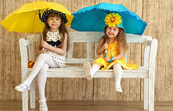 sweet, bench, children, umbrellas, pretty, cute, girls, adorable HD wallpaper
