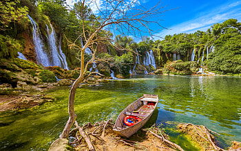 Kravice waterfall, boat, waterfall, pond, Europe, beautiful HD wallpaper