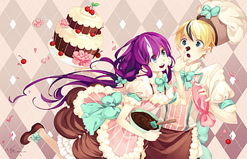 sweet couple, blond hair, purple hair, cherries, cute, in love, cake, anime girl, anime, love, couple, anime couple, flowers, anime boy HD wallpaper