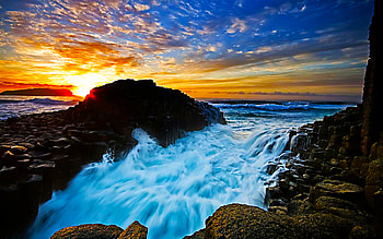 Just By Luck, island, colorful, flow, clouds, sky, rocks, wave, ocean HD wallpaper