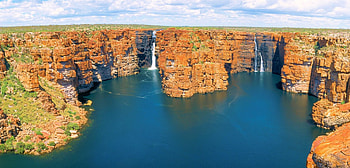 King George Falls, Australia, blue, river, sea, gorge, reddish, bay, waterfalls, beautiful, canyons, cliffs, clouds HD wallpaper