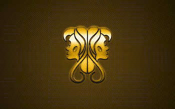 Gemini zodiac sign, Metallic signs, Yellow carbon background HD wallpaper
