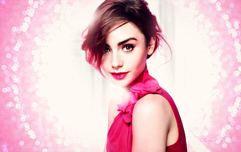 Lily Collins, bokeh, white, by cehenot, model, girl, actress, woman, pink HD wallpaper
