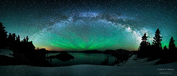Snow, Mountain, Winter, Aurora Borealis, , Lake, Milky Way, Night, Sky, Starry Sky, Stars HD wallpaper