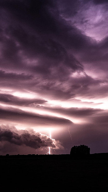 Purple Clouds Lightning Over Field HD phone wallpaper