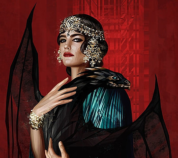 Lady with dragon, red, olga tereshenko, black, art, fantasy, dragon, queen HD wallpaper