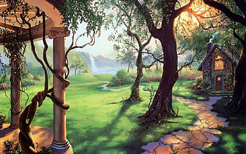 3D landscape, trees, gardens, 3D, path HD wallpaper