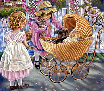 My Sister, My Friend F, little girl, art, teddybear, beautiful, illustration, artwork, puppy, sister, painting, friend HD wallpaper