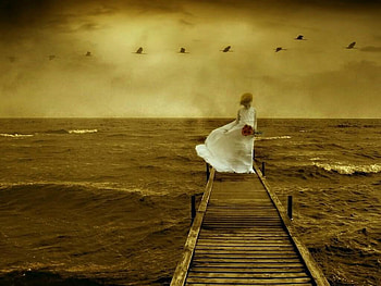 walking along the rail, birds, fantasy, flower, alone, beautiful, girl, ocean HD wallpaper