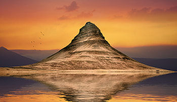 Mountains, sunset, landscape, reflection, nature HD wallpaper