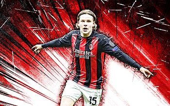 Jens Petter Hauge, grunge art, AC Milan, norwegian footballers, soccer, Serie A, Rossoneri, football, red abstract rays, Milan FC, Jens Petter Hauge Milan, Jens Petter Hauge HD wallpaper