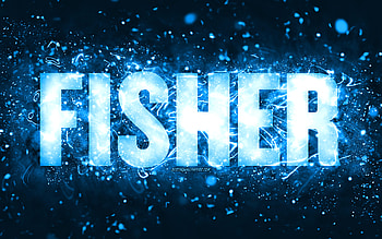Happy Birtay Fisher, , blue neon lights, Fisher name, creative, Fisher Happy Birtay, Fisher Birtay, popular american male names, with Fisher name, Fisher HD wallpaper