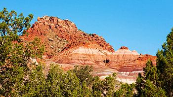 Colorful butte above the Paria, Utah ghost town, trees, sky, rocks, mountain, usa HD wallpaper