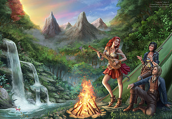 Lightfoot, tjota, instrument, fantasy, waterfall, girl, fire, jackson tjota HD wallpaper