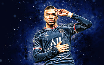 Kylian Mbappe, , goal, blue neon lights, PSG, french footballers, Paris Saint-Germain, Ligue 1, football, Kylian Mbappe PSG, soccer, Kylian Mbappe HD wallpaper
