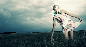 * Feel the nature *, touch, field, clouds, sky, grass, girl, lovely HD wallpaper