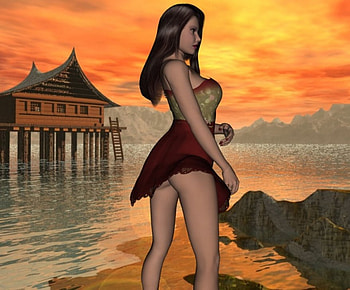 Overlooking the Water, shore, clouds, mountains, pilars, woman, sunset HD wallpaper