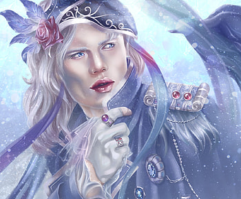 January, blue, man, hand, jewel, rose, pink, fantasy, flower, luminos, victoria ruavell, hat HD wallpaper