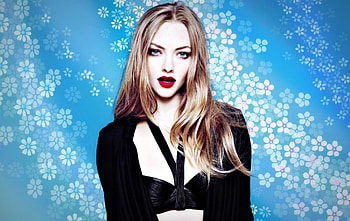 Amanda Seyfried, blue, white, by cehenot, black, model, blonde, girl, actress, woman, flower HD wallpaper