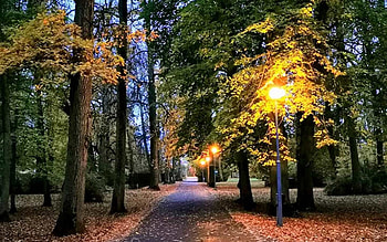 Evening Park, Latvia, dusk, lanterns, park, path HD wallpaper