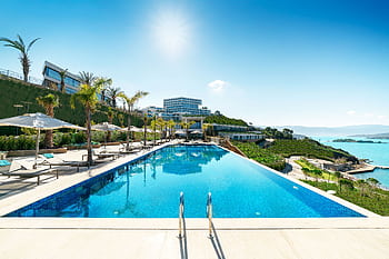 A luxurious seaside resort in Bodrum, Turkey, featuring a stunning infinity pool under sunny skies. HD wallpaper