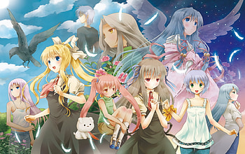 Air, cute, long hair, dress, feather, wing, flower, group, short hair, cloud, female, wings, sweet, bird, girl, anime girl, anime, sky, girls, friend HD wallpaper