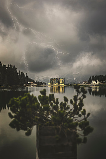 Nature, Mountains, Lightning, Building, Lake, Thunderstorm, Storm HD phone wallpaper
