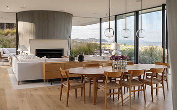 stylish living room design, fireplace in the living room, panoramic windows in the living room, modern interior design HD wallpaper