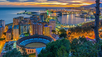 Malaga city lights, Plaza de Toros view, European charm, Vibrant evening scenery HD wallpaper