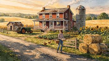 Sunlit Farmhouse Retreat —, Farmhouse, Tractor, Haystack, Silo HD wallpaper
