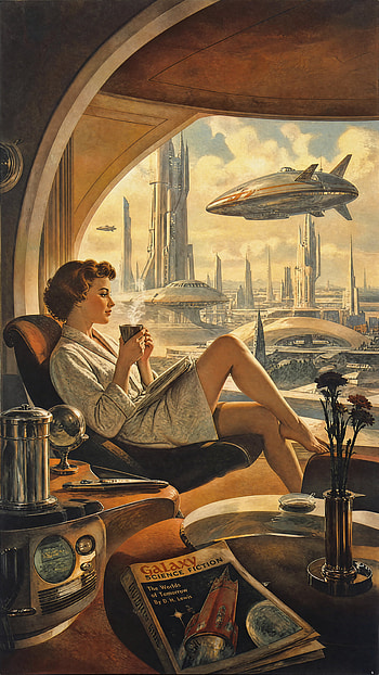 Cozy Morning in Tomorrow | Retro-Future Coffee Break | Skyline Coffee, Woman, Futuristic City, Spaceship HD phone wallpaper