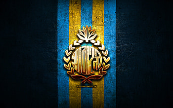 Chittagong Abahani Limited FC, golden logo, Bangladesh Premier League, blue metal background, football, bangladeshi football club, Chittagong Abahani Limited logo, soccer, Chittagong Abahani Limited HD wallpaper
