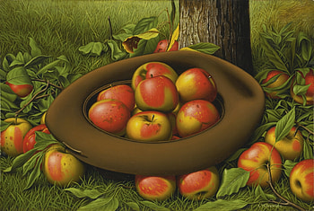 Apples, art, mar, painting, green, yellow, red, pictura, fruit, apple, levi wells, hat HD wallpaper