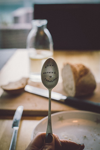 Tablewares, Miscellanea, Miscellaneous, Morning, Inscription, Mood, Spoon, Breakfast HD phone wallpaper